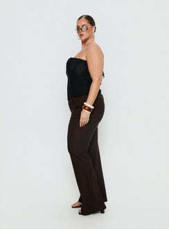side view of model wearing Princess Polly Kinkirk Flared Pants Chocolate Curve Mid Rise Pants Pants 