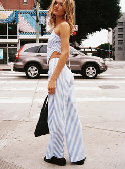 side view of model wearing Princess Polly Collied Low Rise Pants Blue / White Stripe High Rise Pants Pants 