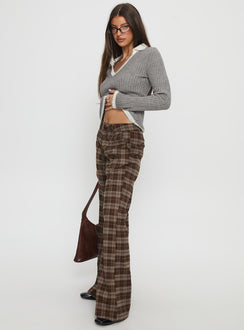 side view of model wearing Princess Polly Emiroki Straight Leg Pants Brown Check Mid Rise Pants Pants 