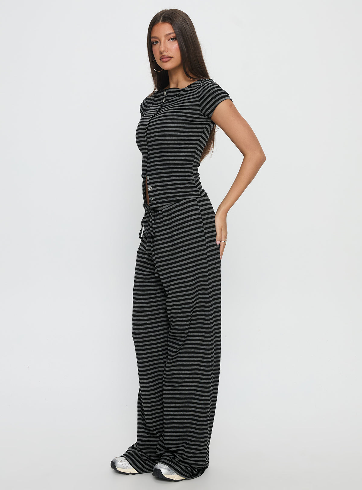 side view of model wearing Princess Polly Gavrielle Jersey Wide Leg Pants Stripe High Rise Pants Pants 