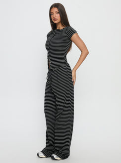 side view of model wearing Princess Polly Gavrielle Jersey Wide Leg Pants Stripe High Rise Pants Pants 