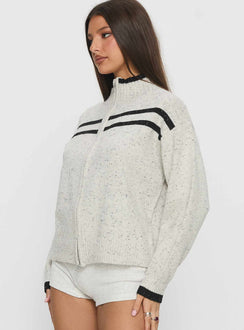 side view of model wearing Princess Polly Overstayed Zip Through Cardigan Grey Jumpers 