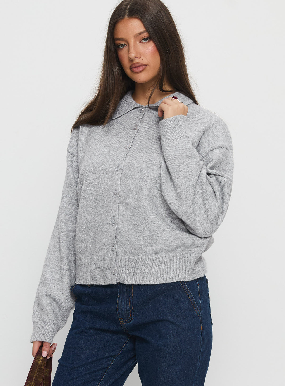 side view of model wearing Princess Polly Nadyna Collared Cardigan Grey Marle Jumpers 