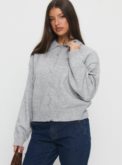 side view of model wearing Princess Polly Nadyna Collared Cardigan Grey Marle Jumpers 
