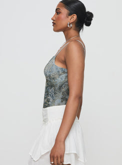 side view of model wearing Princess Polly Love Again Bodysuit Blue Sleeveless Bodysuit 