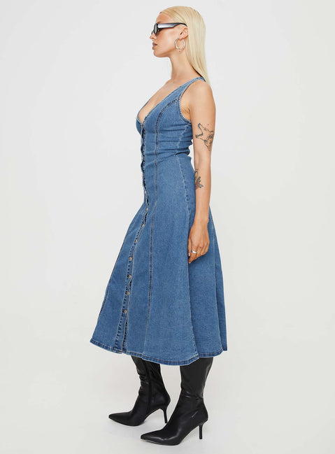 product Princess Polly V-Neck  Midler Denim Midi Dress Mid Blue
