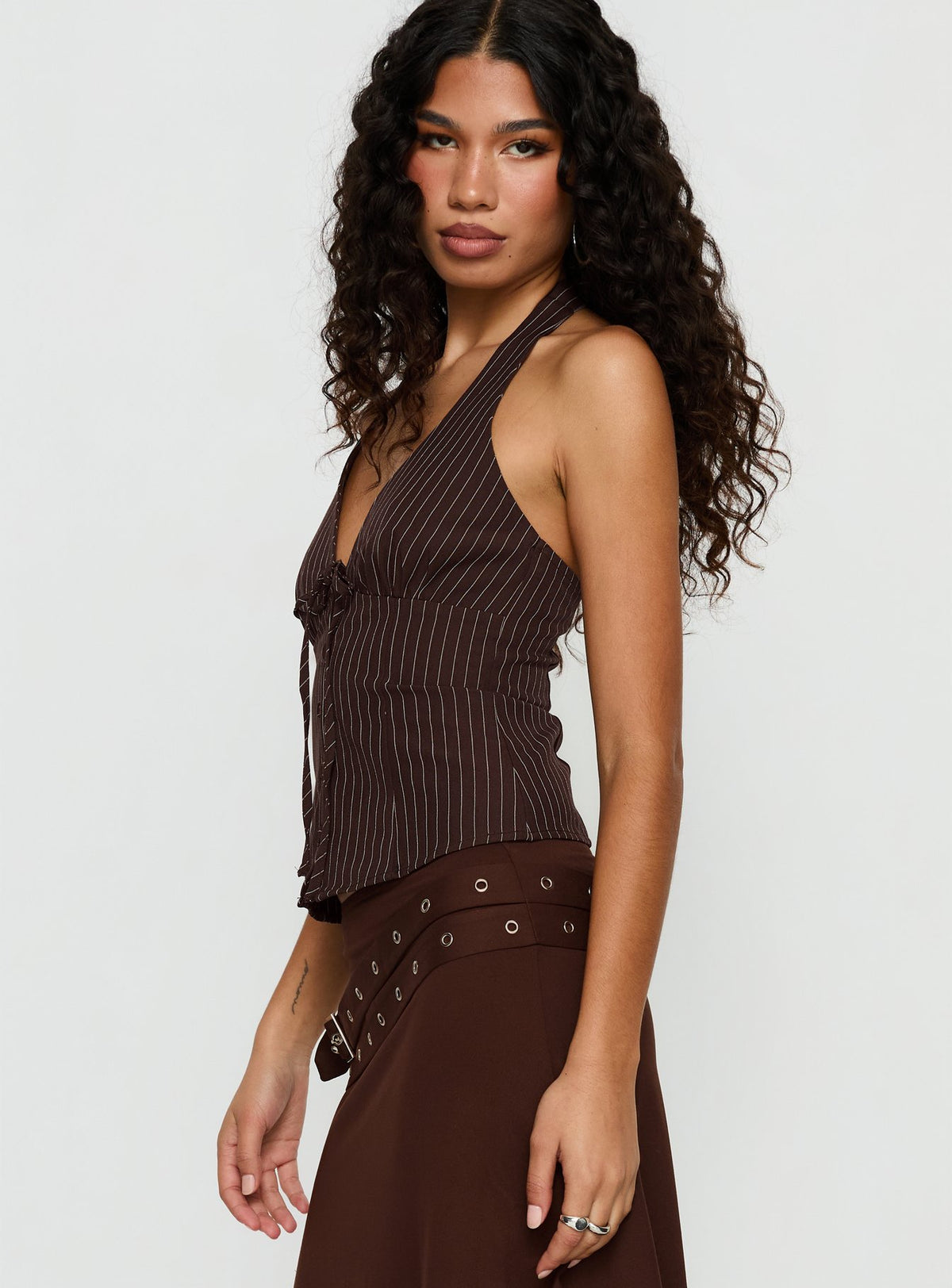 Nickole Halter Tailored Top Brown Stripe