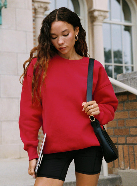 front view of model wearing Princess Polly Dream Fleece Classic Crewneck Sweatshirt Red Longline Jumpers Jumpers 