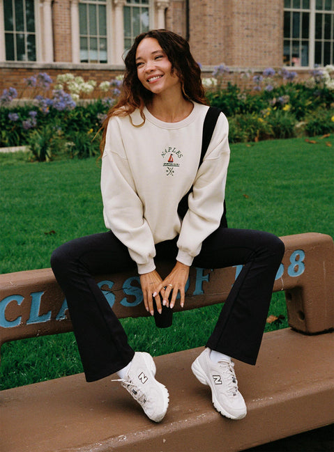 front view of model wearing Princess Polly Dream Fleece Classic Crewneck Sweater Beige Jumpers 