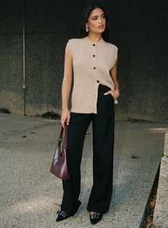 side view of model wearing Princess Polly Brookvale Button Up Knit Vest Beige Longline Jumpers Jumpers 