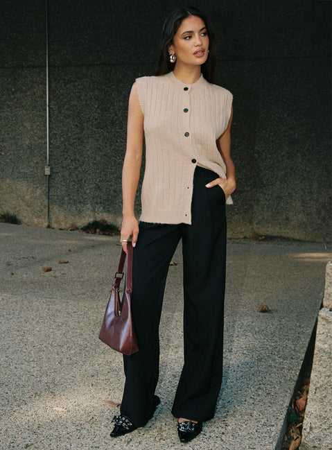 side view of model wearing Princess Polly Brookvale Button Up Knit Vest Beige Longline Jumpers Jumpers 