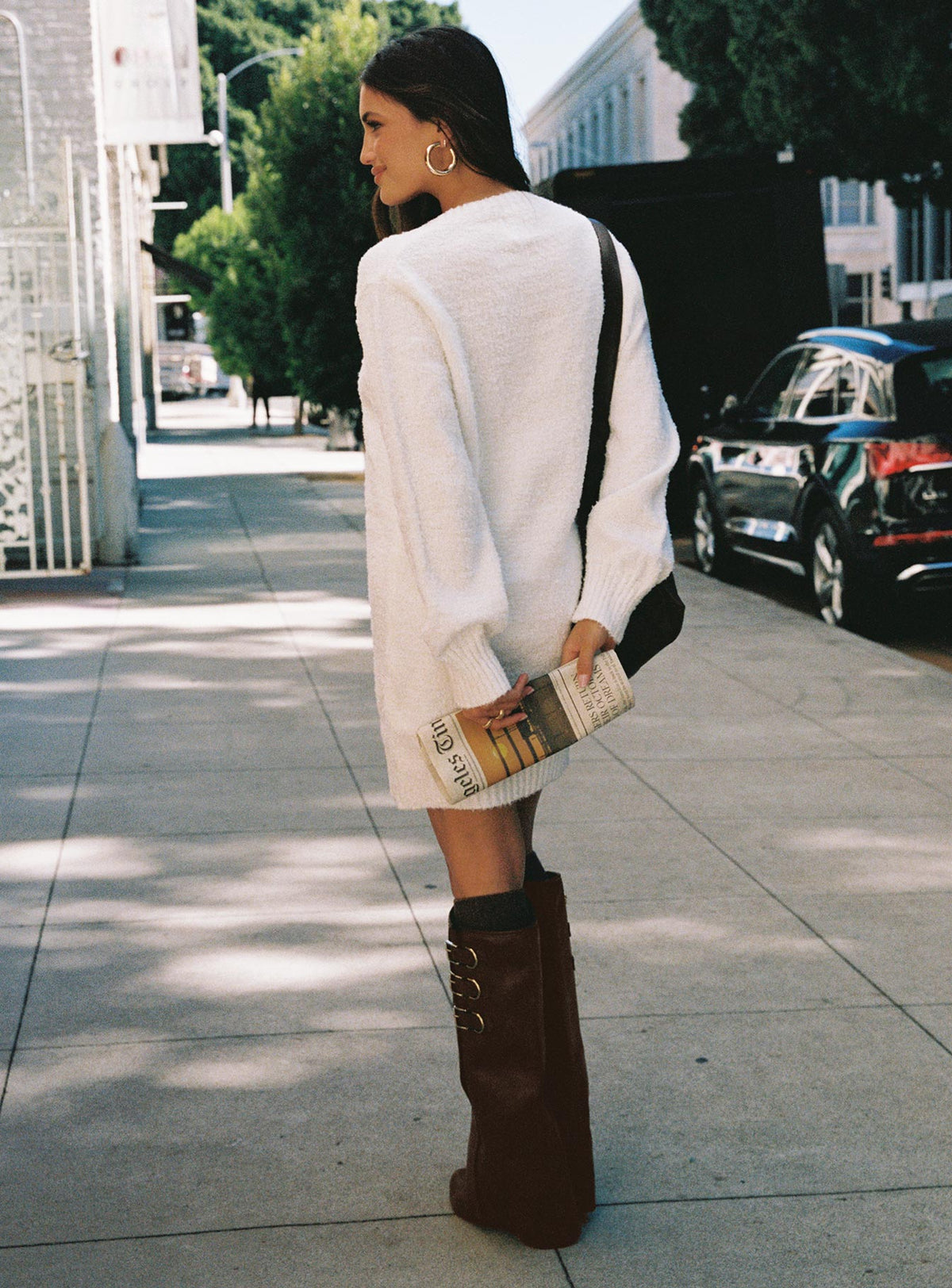 back view of model wearing Princess Polly Fine Line Long Sleeve Knit Mini Dress White V-Neck 