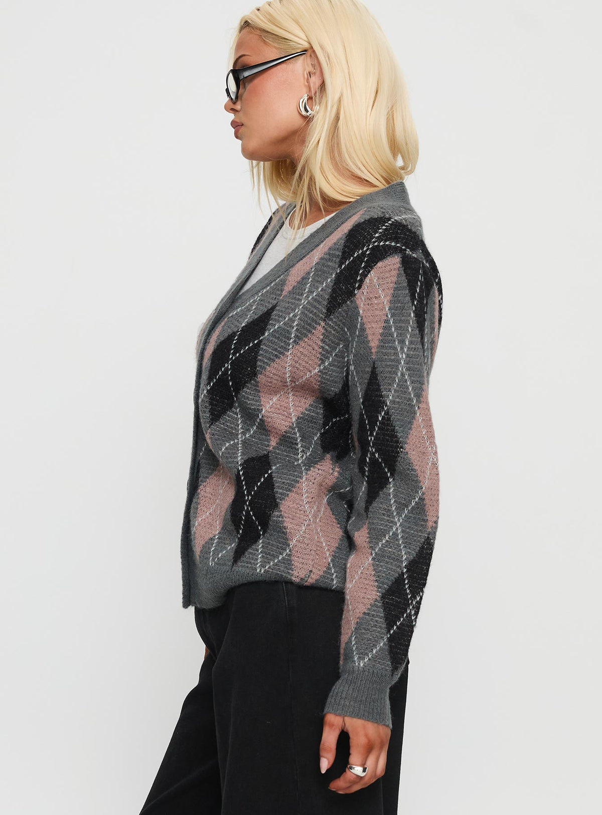 side view of model wearing Princess Polly Zeeva Button Through Knit Cardigan Grey Argyle Longline Jumpers Jumpers 