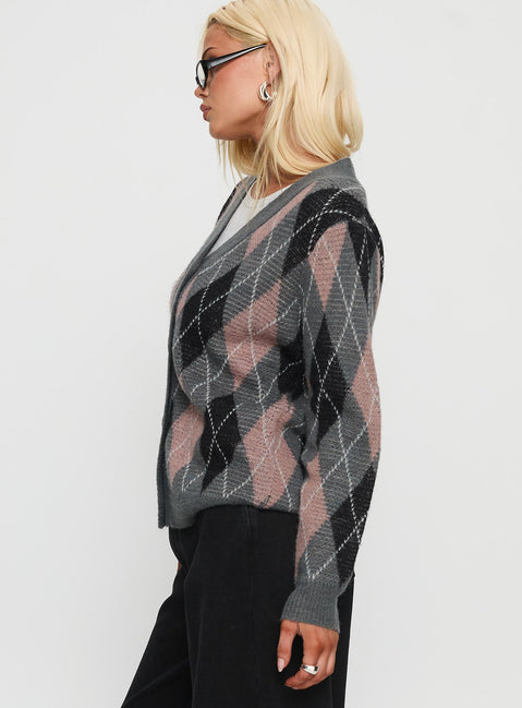 side view of model wearing Princess Polly Zeeva Button Through Knit Cardigan Grey Argyle Longline Jumpers Jumpers 
