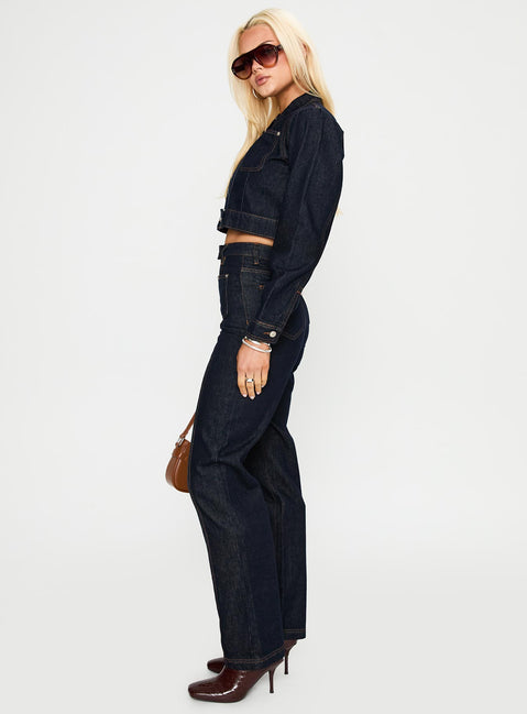 side view of model wearing Princess Polly Stallion Straight Leg Jeans Indigo High Waisted 
