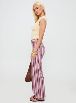 side view of model wearing Princess Polly Leocadie Pants Pink Stripe High Rise Pants Pants 