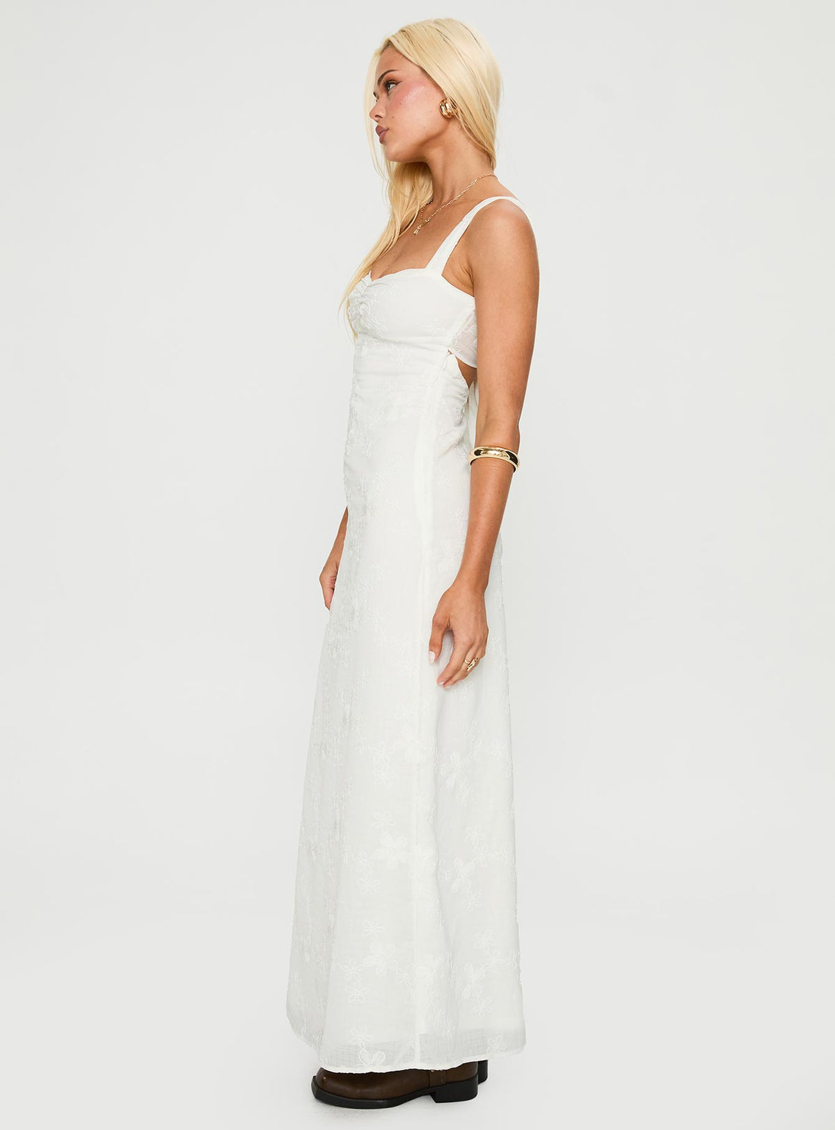side view of model wearing Princess Polly Maisone Broderie Maxi Dress White Sweetheart Neckline 