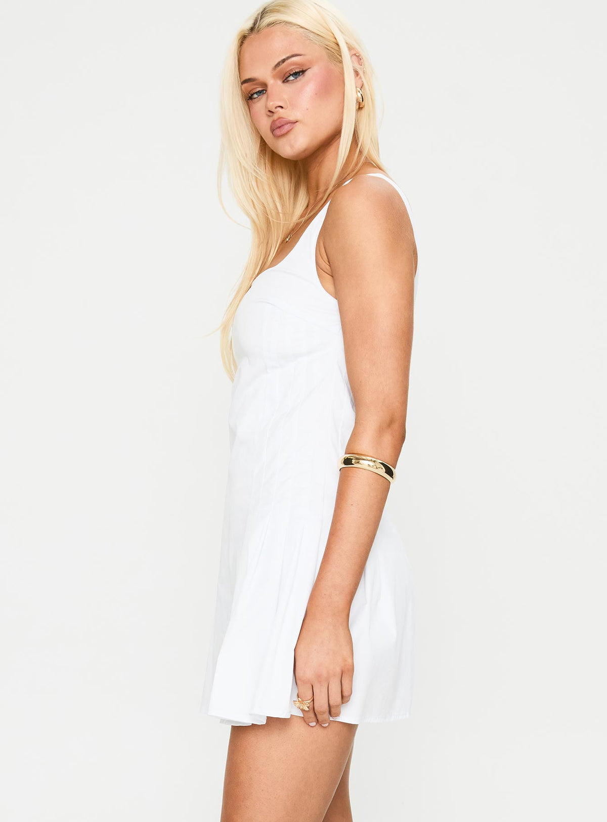 side view of model wearing Princess Polly Songs Of Summer Mini Dress White Square Neck 