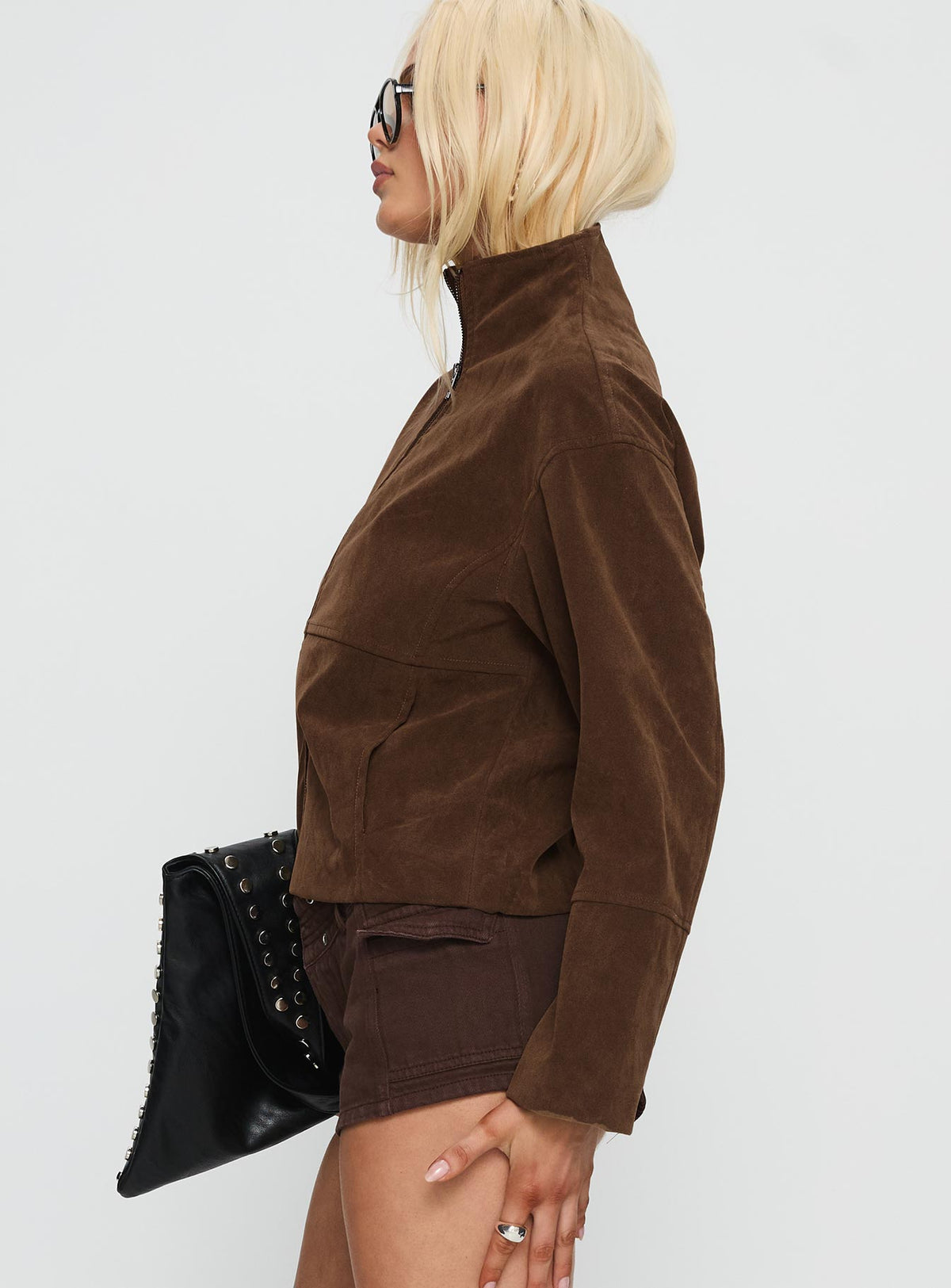Jessalynn Faux Suede Zip Through Jacket Brown