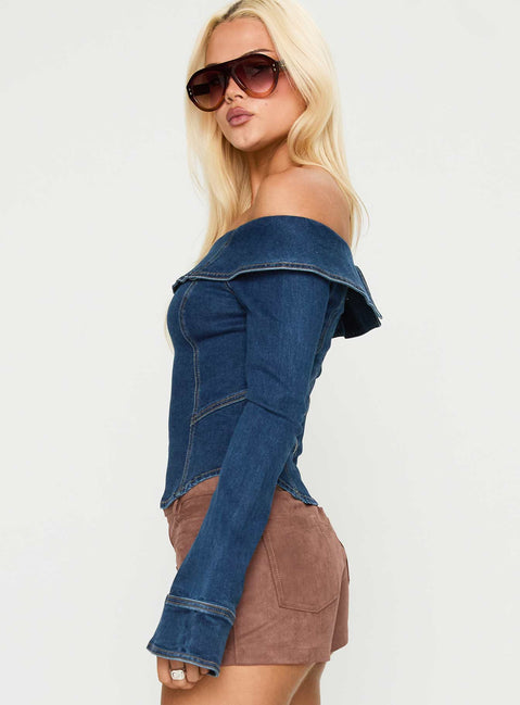 side view of model wearing Princess Polly In The Crowd Off Shoulder Top Dark Denim Full Sleeves straight 