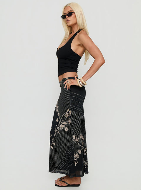   side view of model wearing Princess Polly Dreamers Midi Skirt Multi Floral Maxi Skirts Skirts 