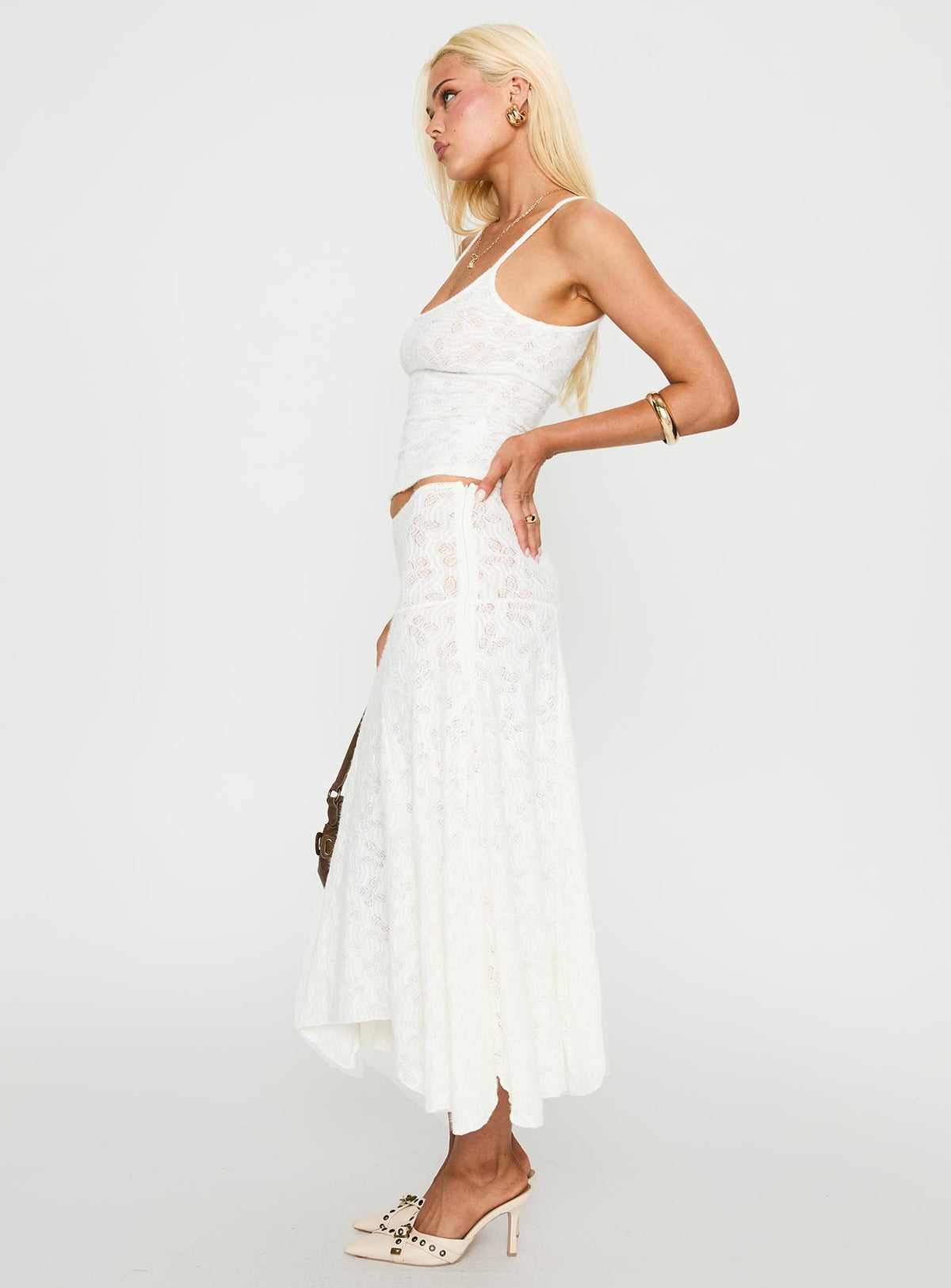   side view of model wearing Princess Polly Tidal Midi Skirt Foam Midi Skirts 