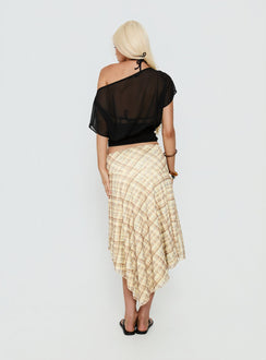 back view of model wearing Princess Polly Dulciana High Split Asymmetrical Midi Skirt Multi Check Midi Skirts Skirts 