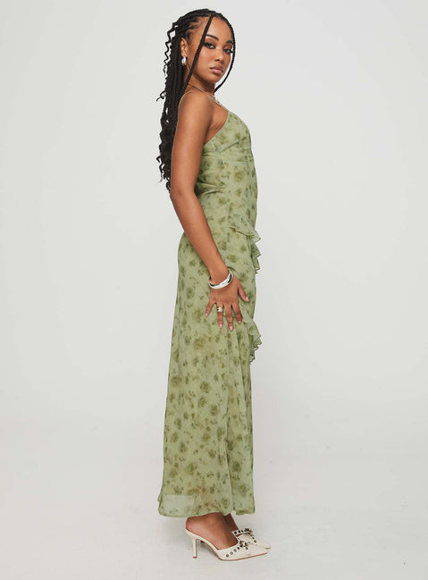 side view of model wearing Princess Polly Teffoli Maxi Dress Green Plunger 