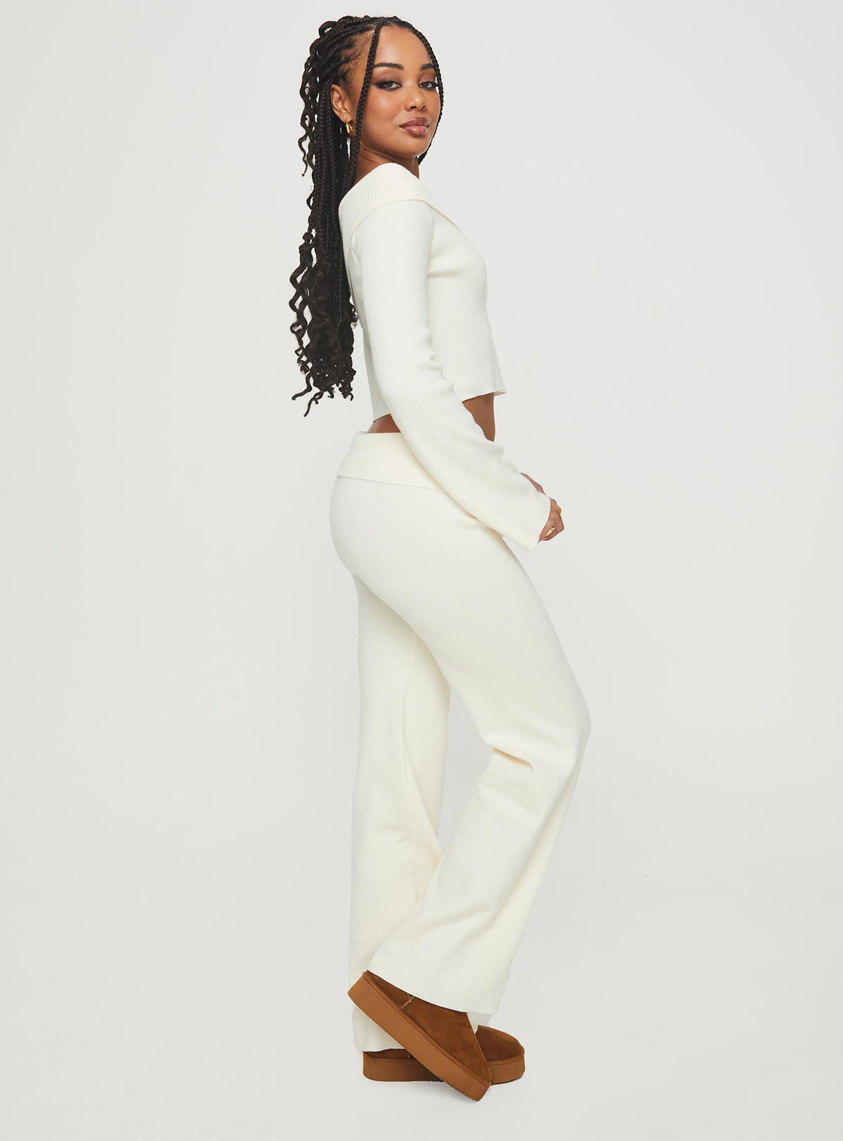 side view of model wearing Princess Polly Try Me Knit Pants Cream Pants 