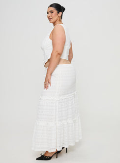   side view of model wearing Princess Polly Buttacupe Lace Maxi Skirt White Curve Maxi Skirts Skirts 