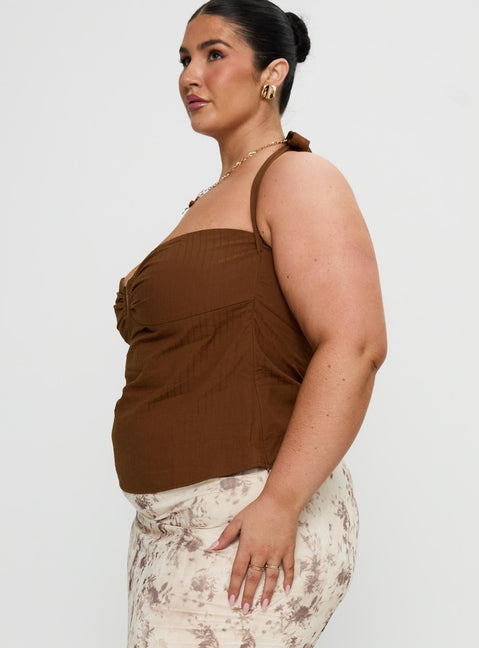 side view of model wearing Princess Polly Isabetta Halter Top Chocolate Curve Sleeveless Sweetheart 