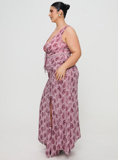   side view of model wearing Princess Polly Nikolise Maxi Skirt Purple Curve Maxi Skirts Skirts 