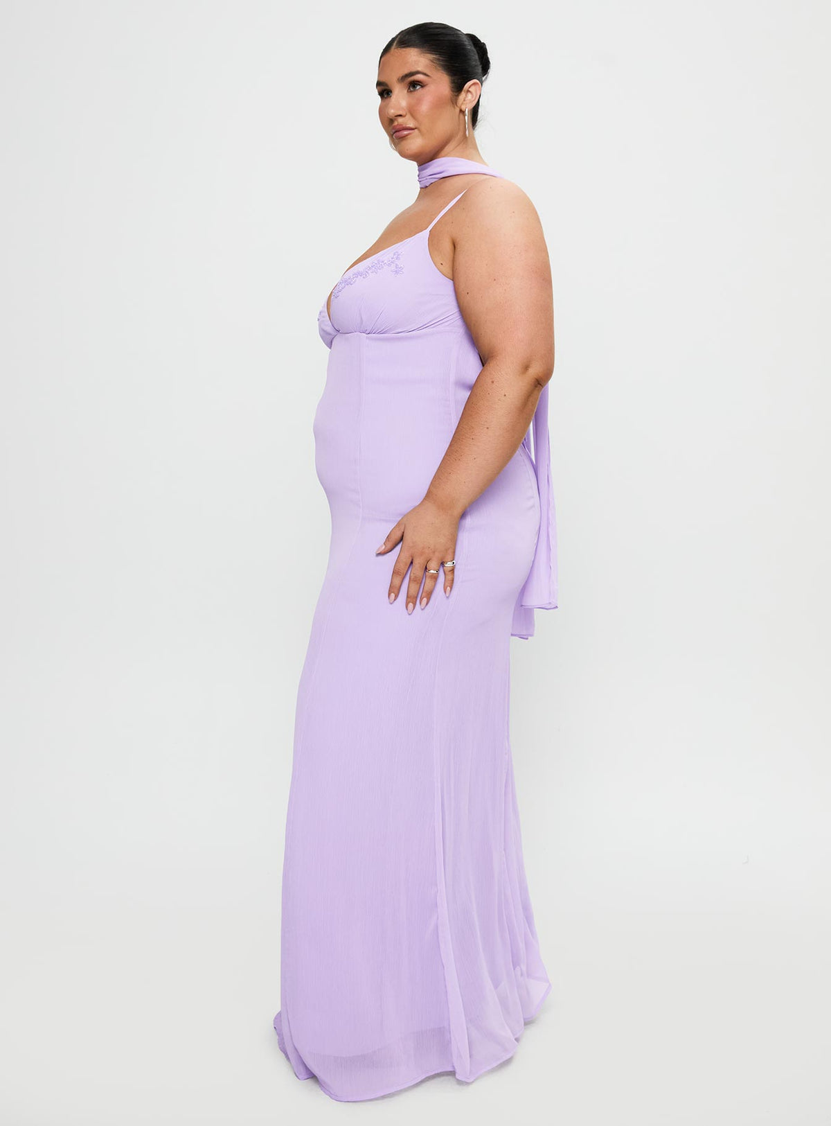side view of model wearing Princess Polly Jadira Scarf Maxi Dress Purple Curve Plunger 