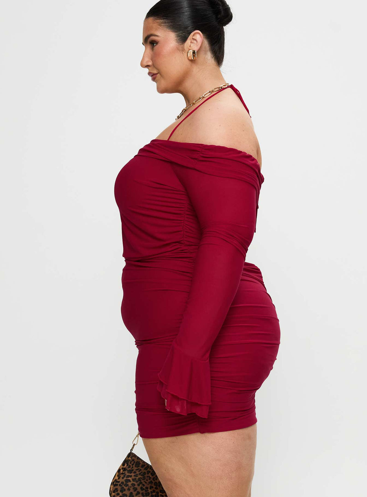 side view of model wearing Princess Polly Taylon Off The Shoulder Mini Dress Red Curve Straight Neck 