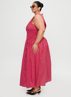 side view of model wearing Princess Polly Lilienne Cotton Poplin Maxi Dress Red Stripe Curve Crew Neck 