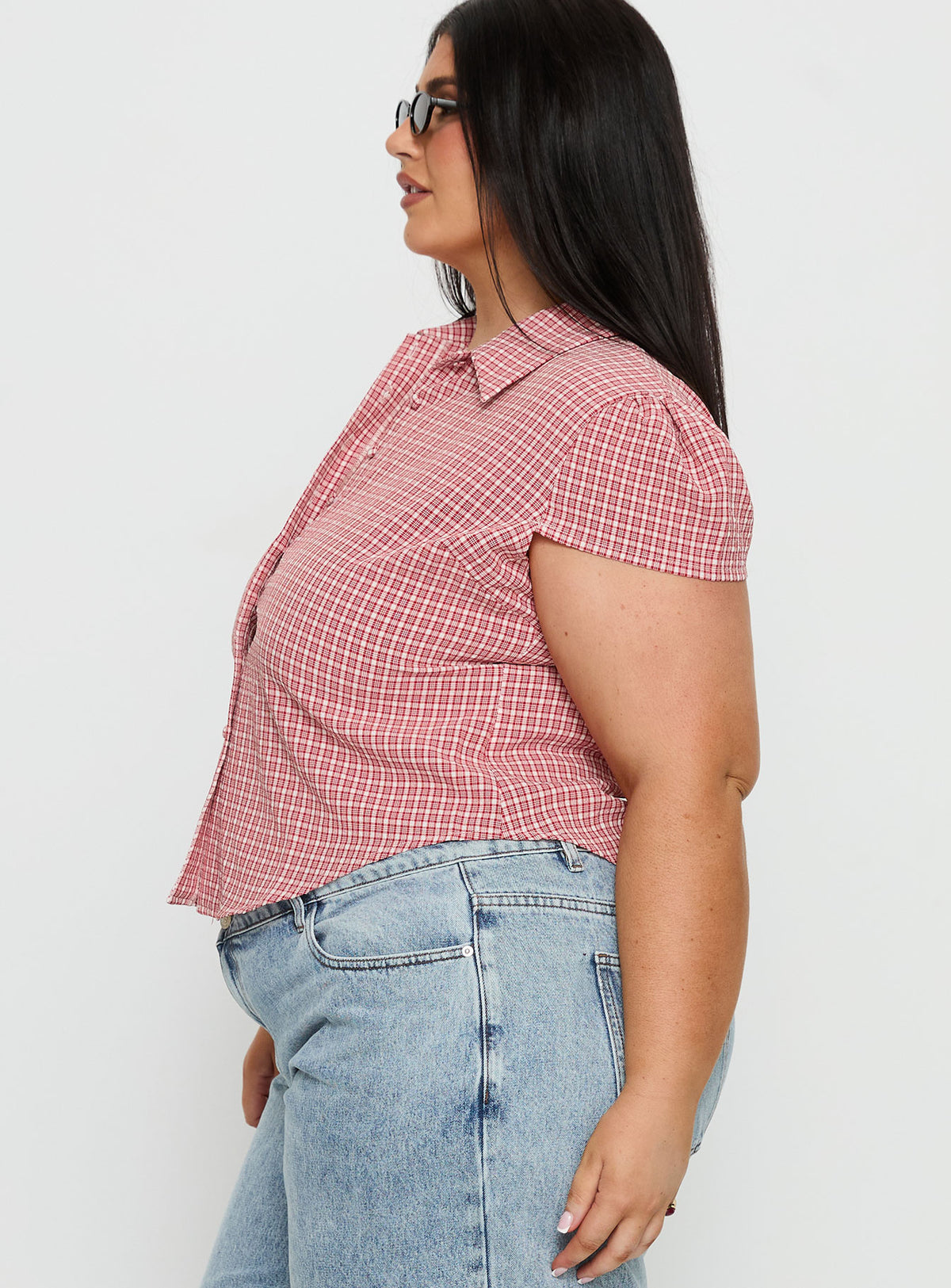 Float Away Button Up Top Red Check Curve