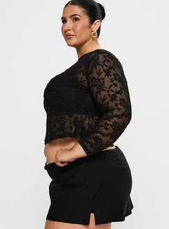 side view of model wearing Princess Polly Martine Sheer Top Black Curve Full Sleeves Boat Neck 
