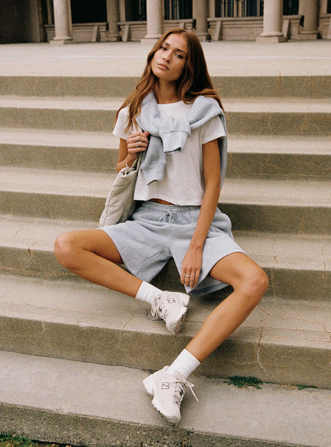 front view of model wearing Princess Polly Dream Fleece Longline Shorts Grey Marle High Waisted Shorts 