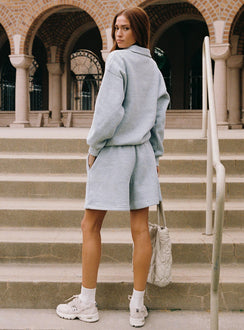 back view of model wearing Princess Polly Dream Fleece Quarter Zip Sweatshirt Grey Marle Longline Jumpers Jumpers 