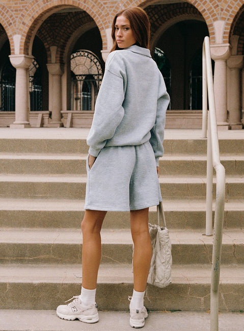 back view of model wearing Princess Polly Dream Fleece Quarter Zip Sweatshirt Grey Marle Longline Jumpers Jumpers 