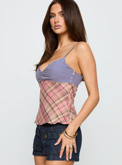 side view of model wearing Princess Polly Petallic Patchwork Top Multi Sleeveless Sweetheart 