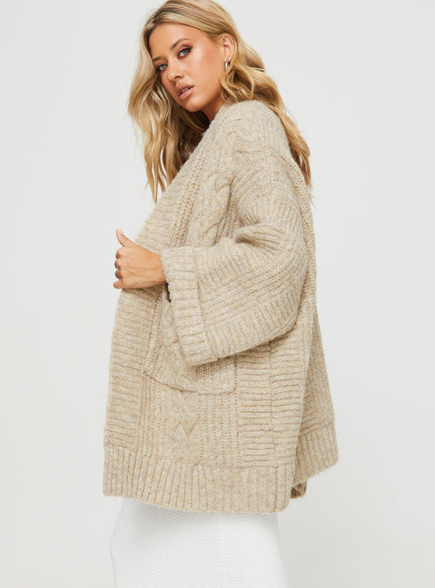 side view of model wearing Princess Polly Paisleigh Cable Knit Cardigan Beige 