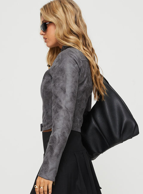 Moto jacket Faux leather material, double chest pockets, brass-toned hardware Zip & button fastenings