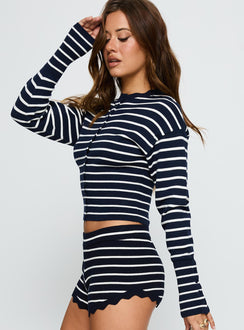 back view of model wearing Princess Polly Head In The Clouds Cardigan Navy Stripe Cropped Jumpers Jumpers 