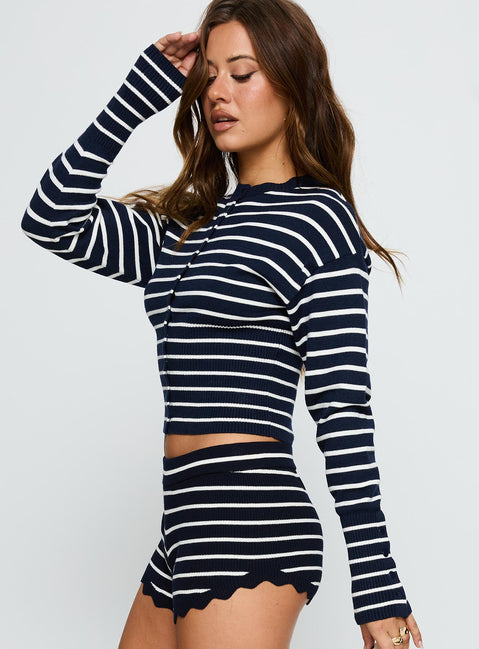 back view of model wearing Princess Polly Head In The Clouds Cardigan Navy Stripe Cropped Jumpers Jumpers 