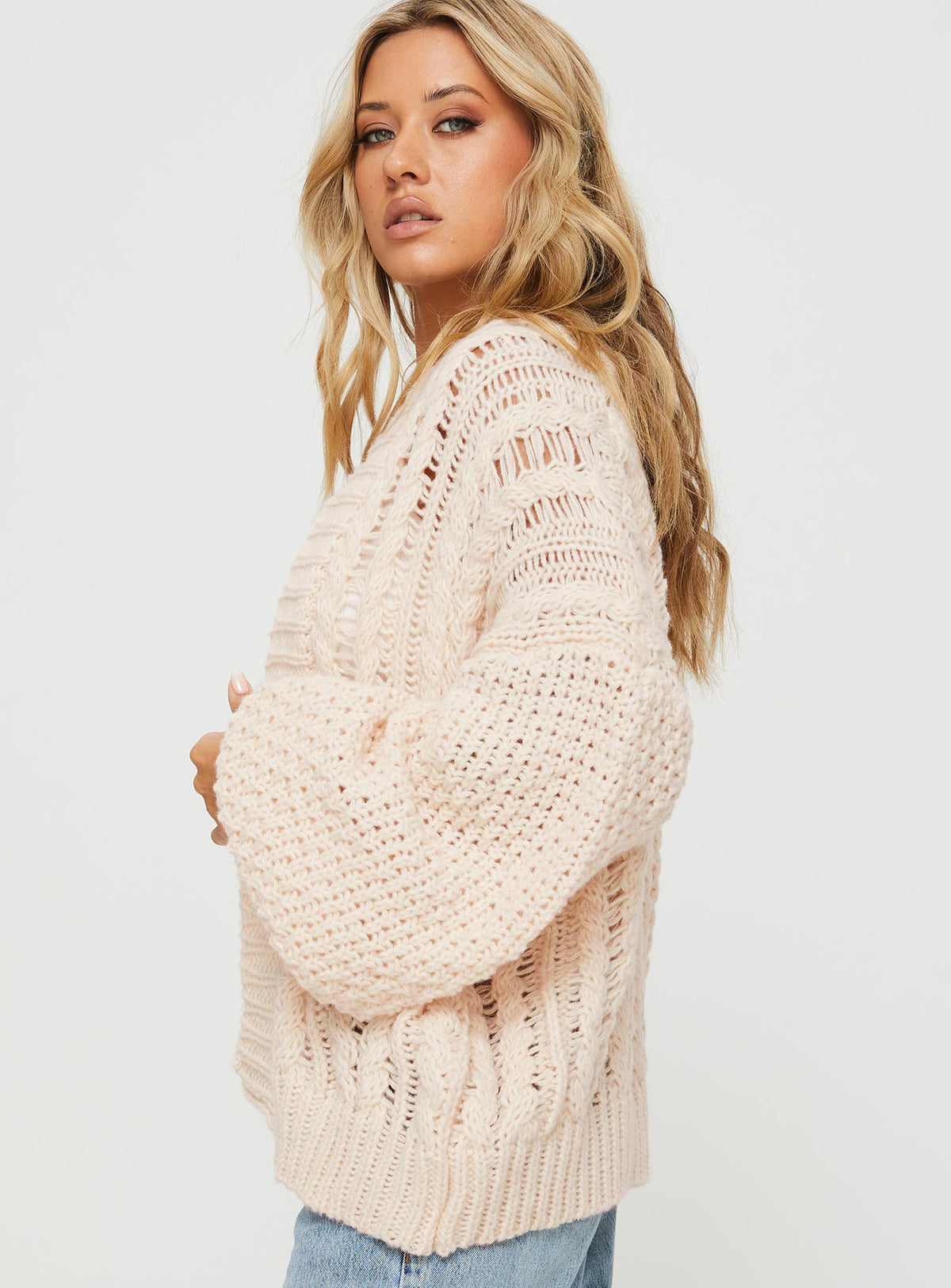 side view of model wearing Princess Polly Abner Cable Cardigan Beige Longline Jumpers Jumpers 