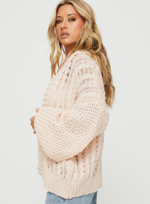 side view of model wearing Princess Polly Abner Cable Cardigan Beige Longline Jumpers Jumpers 