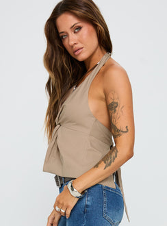 side view of model wearing Princess Polly Millbank Top Taupe Sleeveless Plunger 