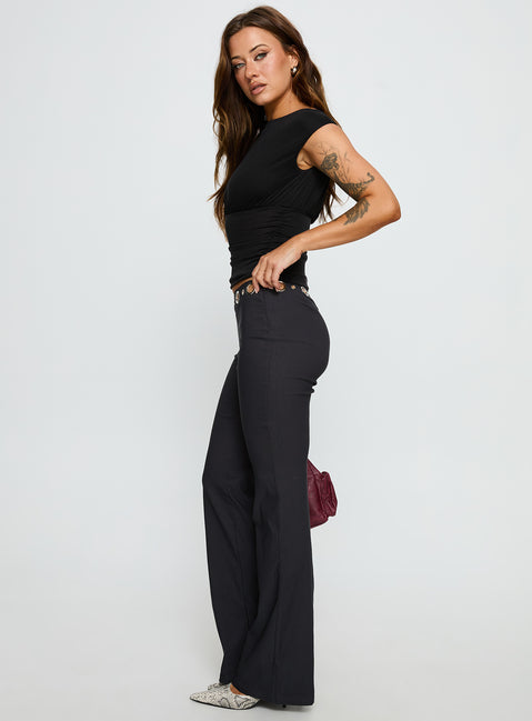 side view of model wearing Princess Polly True Grit Eyelet Flare Pants Grey Mid Rise Pants Pants 