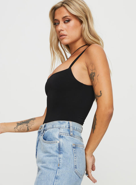 side view of model wearing Princess Polly Off Stage Bodysuit Black Sleeveless Bodysuit 